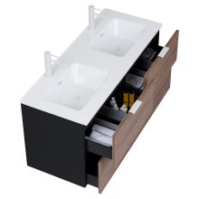 HD Palermo Black-Oak 120 komplett fürdőszoba bútor fali mosdószekrénnyel, matt fehér fogantyúkkal és tükörrel