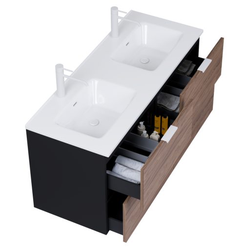 HD Palermo Black-Oak 120 komplett fürdőszoba bútor fali mosdószekrénnyel, matt fehér fogantyúkkal és tükörrel