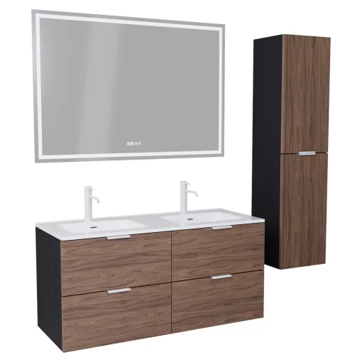 HD Palermo Black-Oak 120 komplett fürdőszoba bútor szett fali mosdószekrénnyel, matt fehér fogantyúkkal, tükörrel és magasszekrénnyel