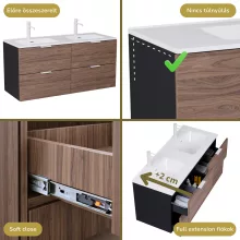 HD Palermo Black-Oak 120 komplett fürdőszoba bútor szett fali mosdószekrénnyel, matt fehér fogantyúkkal, tükörrel és magasszekrénnyel