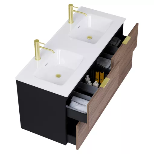 HD Palermo Black-Oak 120 fali mosdószekrény szálcsiszolt arany fogantyúkkal