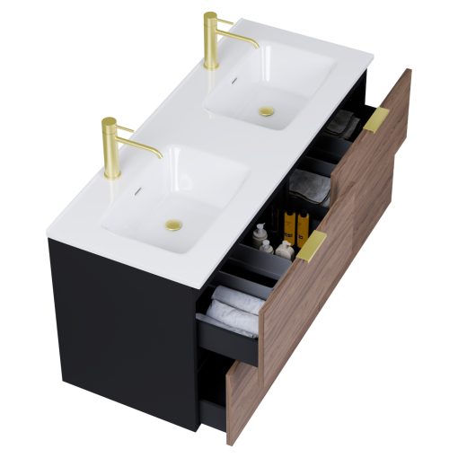 HD Palermo Black-Oak 120 komplett fürdőszoba bútor fali mosdószekrénnyel, szálcsiszolt arany fogantyúkkal és tükörrel