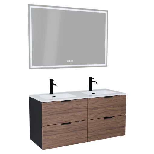 HD Palermo Black-Oak 120 komplett fürdőszoba bútor fali mosdószekrénnyel, matt fekete fogantyúkkal és tükörrel