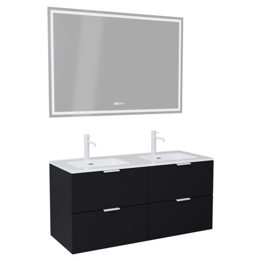 HD Palermo Matt Black 120 komplett fürdőszoba bútor fali mosdószekrénnyel, matt fehér fogantyúkkal és tükörrel