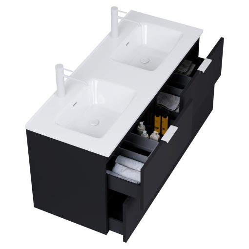 HD Palermo Matt Black 120 komplett fürdőszoba bútor fali mosdószekrénnyel, matt fehér fogantyúkkal és tükörrel