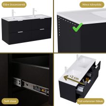 HD Palermo Matt Black 120 komplett fürdőszoba bútor fali mosdószekrénnyel, matt fehér fogantyúkkal és tükörrel