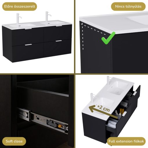 HD Palermo Matt Black 120 komplett fürdőszoba bútor fali mosdószekrénnyel, matt fehér fogantyúkkal és tükörrel