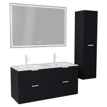 HD Palermo Matt Black 120 komplett fürdőszoba bútor szett fali mosdószekrénnyel, matt fehér fogantyúkkal, tükörrel és magasszekrénnyel