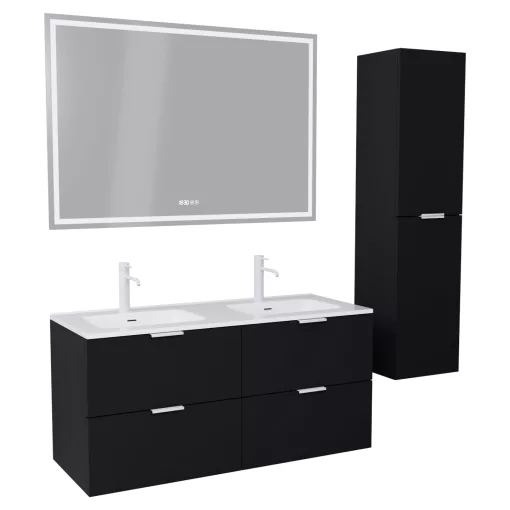 HD Palermo Matt Black 120 komplett fürdőszoba bútor szett fali mosdószekrénnyel, matt fehér fogantyúkkal, tükörrel és magasszekrénnyel