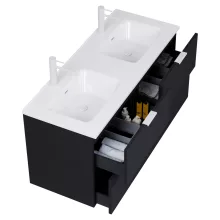 HD Palermo Matt Black 120 komplett fürdőszoba bútor szett fali mosdószekrénnyel, matt fehér fogantyúkkal, tükörrel és magasszekrénnyel