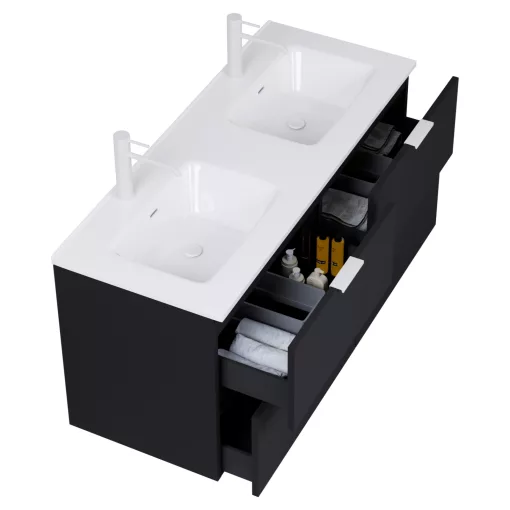 HD Palermo Matt Black 120 komplett fürdőszoba bútor szett fali mosdószekrénnyel, matt fehér fogantyúkkal, tükörrel és magasszekrénnyel