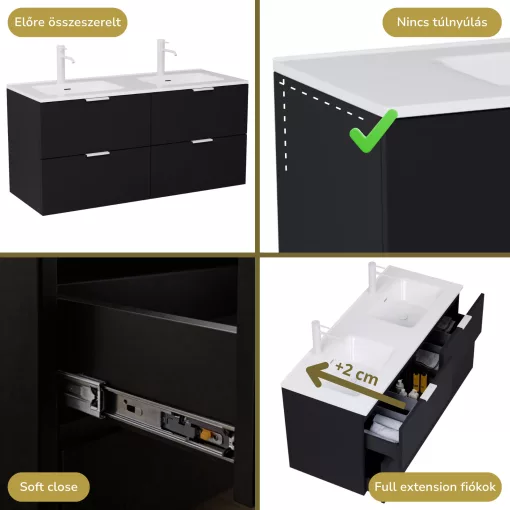 HD Palermo Matt Black 120 komplett fürdőszoba bútor szett fali mosdószekrénnyel, matt fehér fogantyúkkal, tükörrel és magasszekrénnyel