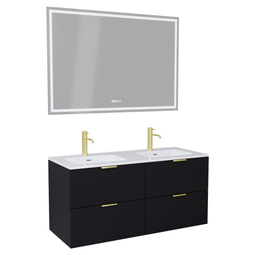 HD Palermo Matt Black 120 komplett fürdőszoba bútor fali mosdószekrénnyel, szálcsiszolt arany fogantyúkkal és tükörrel
