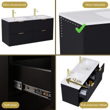 HD Palermo Matt Black 120 komplett fürdőszoba bútor fali mosdószekrénnyel, szálcsiszolt arany fogantyúkkal és tükörrel