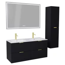HD Palermo Matt Black 120 komplett fürdőszoba bútor szett fali mosdószekrénnyel, szálcsiszolt arany fogantyúkkal, tükörrel és magasszekrénnyel