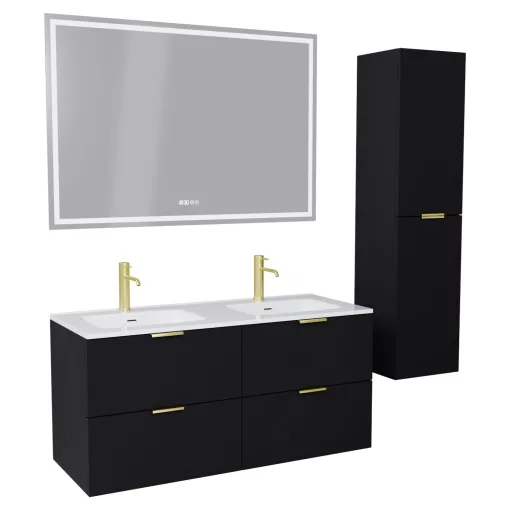 HD Palermo Matt Black 120 komplett fürdőszoba bútor szett fali mosdószekrénnyel, szálcsiszolt arany fogantyúkkal, tükörrel és magasszekrénnyel