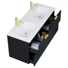 HD Palermo Matt Black 120 komplett fürdőszoba bútor szett fali mosdószekrénnyel, szálcsiszolt arany fogantyúkkal, tükörrel és magasszekrénnyel