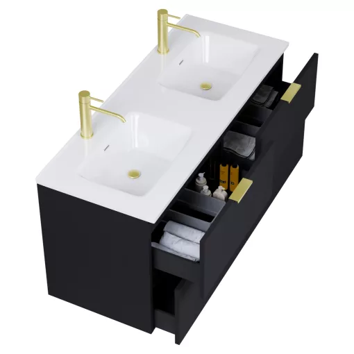 HD Palermo Matt Black 120 komplett fürdőszoba bútor szett fali mosdószekrénnyel, szálcsiszolt arany fogantyúkkal, tükörrel és magasszekrénnyel