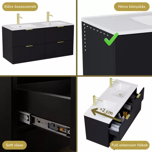 HD Palermo Matt Black 120 komplett fürdőszoba bútor szett fali mosdószekrénnyel, szálcsiszolt arany fogantyúkkal, tükörrel és magasszekrénnyel