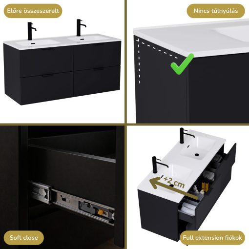 HD Palermo Matt Black 120 komplett fürdőszoba bútor fali mosdószekrénnyel, matt fekete fogantyúkkal és tükörrel