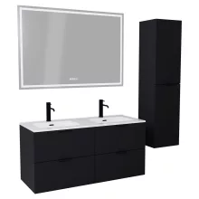 HD Palermo Matt Black 120 komplett fürdőszoba bútor szett fali mosdószekrénnyel, matt fekete fogantyúkkal, tükörrel és magasszekrénnyel