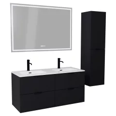   HD Palermo Matt Black 120 komplett fürdőszoba bútor szett fali mosdószekrénnyel, matt fekete fogantyúkkal, tükörrel és magasszekrénnyel