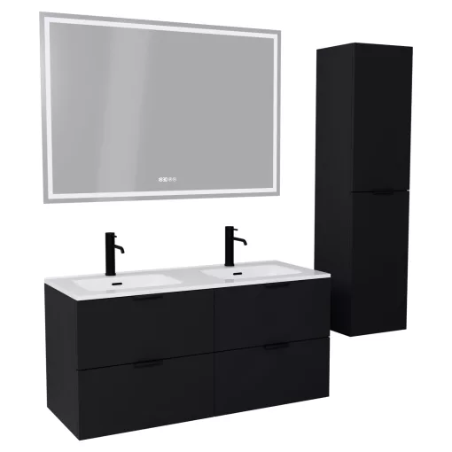HD Palermo Matt Black 120 komplett fürdőszoba bútor szett fali mosdószekrénnyel, matt fekete fogantyúkkal, tükörrel és magasszekrénnyel