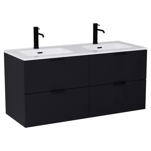 HD Palermo Matt Black 120 komplett fürdőszoba bútor szett fali mosdószekrénnyel, matt fekete fogantyúkkal, tükörrel és magasszekrénnyel