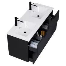 HD Palermo Matt Black 120 komplett fürdőszoba bútor szett fali mosdószekrénnyel, matt fekete fogantyúkkal, tükörrel és magasszekrénnyel