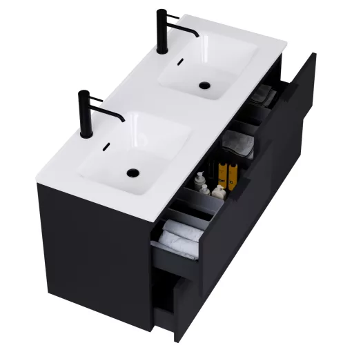 HD Palermo Matt Black 120 komplett fürdőszoba bútor szett fali mosdószekrénnyel, matt fekete fogantyúkkal, tükörrel és magasszekrénnyel