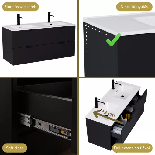 HD Palermo Matt Black 120 komplett fürdőszoba bútor szett fali mosdószekrénnyel, matt fekete fogantyúkkal, tükörrel és magasszekrénnyel