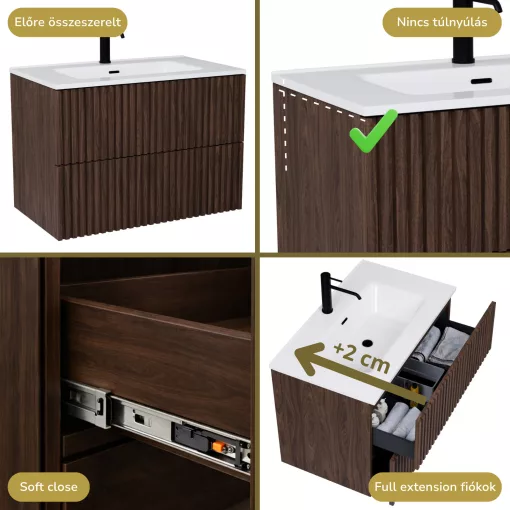 HD Ravello Pro Matt Hazel 60 komplett fürdőszoba bútor szett fali push-to-open mosdószekrénnyel, tükörrel és magasszekrénnyel