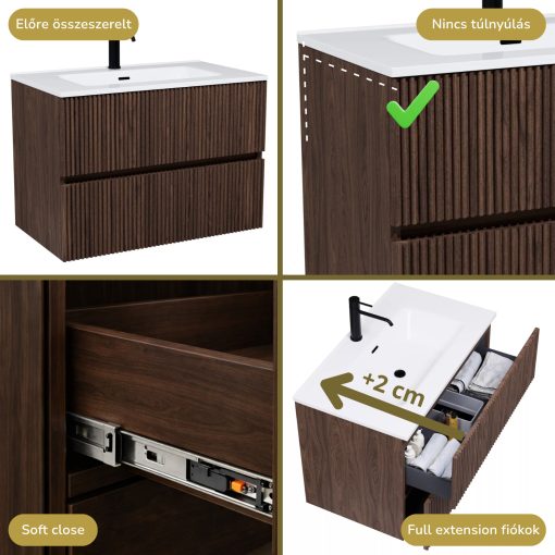 HD Torino Matt Hazel 60/80 komplett fürdőszoba bútor szett fali mosdószekrénnyel, tükörrel és magasszekrénnyel