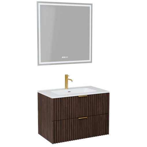 HD Ravello Matt Hazel 60 komplett fürdőszoba bútor fali mosdószekrénnyel, szálcsiszolt arany fogantyúkkal és tükörrel