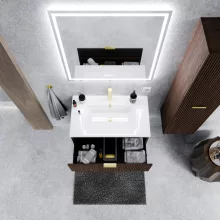 HD Ravello Matt Hazel 60 komplett fürdőszoba bútor fali mosdószekrénnyel, szálcsiszolt arany fogantyúkkal és tükörrel