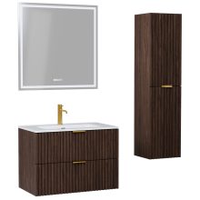 HD Ravello Matt Hazel 60 komplett fürdőszoba bútor szett fali mosdószekrénnyel, szálcsiszolt arany fogantyúkkal, tükörrel és magasszekrénnyel