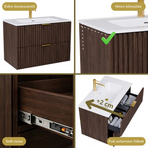 HD Ravello Matt Hazel 60 komplett fürdőszoba bútor szett fali mosdószekrénnyel, szálcsiszolt arany fogantyúkkal, tükörrel és magasszekrénnyel