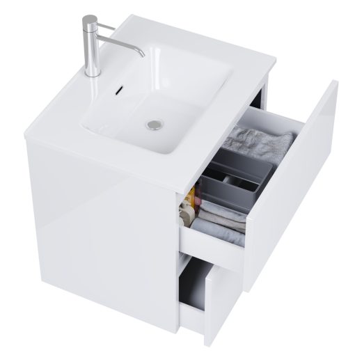 HD Aria Pro Lacquer White 60 komplett fürdőszoba bútor szett fali push-to-open mosdószekrénnyel, tükörrel és magasszekrénnyel