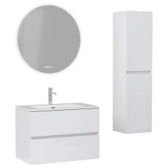   HD Aria Lacquer White 60/80/100/120 komplett fürdőszoba bútor szett fali mosdószekrénnyel, tükörrel és magasszekrénnyel