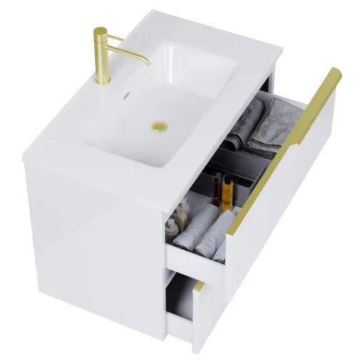 HD Cremona Lacquer White 60 fali mosdószekrény szálcsiszolt arany fogantyúkkal