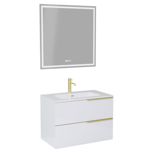 HD Cremona Lacquer White 60 komplett fürdőszoba bútor fali mosdószekrénnyel, szálcsiszolt arany fogantyúkkal és tükörrel