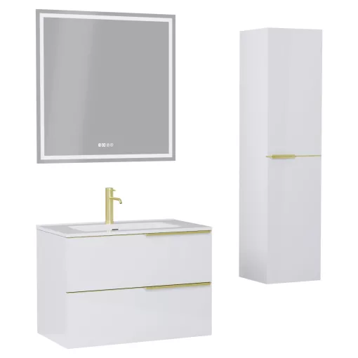 HD Cremona Lacquer White 60 komplett fürdőszoba bútor szett fali mosdószekrénnyel, szálcsiszolt arany fogantyúkkal, tükörrel és magasszekrénnyel