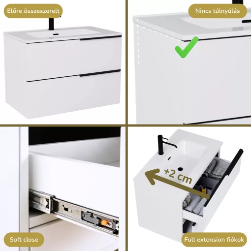 HD Cremona Lacquer White 60/80 fali mosdószekrény matt fekete fogantyúkkal