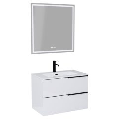   HD Cremona Lacquer White 60/80 komplett fürdőszoba bútor fali mosdószekrénnyel, matt fekete fogantyúkkal és tükörrel