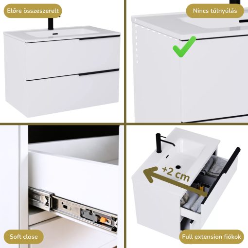 HD Cremona Lacquer White 60/80 komplett fürdőszoba bútor fali mosdószekrénnyel, matt fekete fogantyúkkal és tükörrel