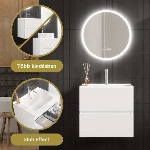 HD Aria Pro Silk Matt White 60 komplett fürdőszoba bútor fali push-to-open mosdószekrénnyel és tükörrel