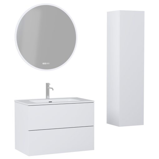 HD Aria Pro Silk Matt White 60 komplett fürdőszoba bútor szett fali push-to-open mosdószekrénnyel, tükörrel és magasszekrénnyel