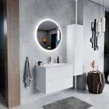 HD Aria Pro Silk Matt White 60 komplett fürdőszoba bútor szett fali push-to-open mosdószekrénnyel, tükörrel és magasszekrénnyel