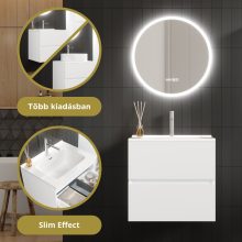 HD Aria Pro Silk Matt White 60 komplett fürdőszoba bútor szett fali push-to-open mosdószekrénnyel, tükörrel és magasszekrénnyel