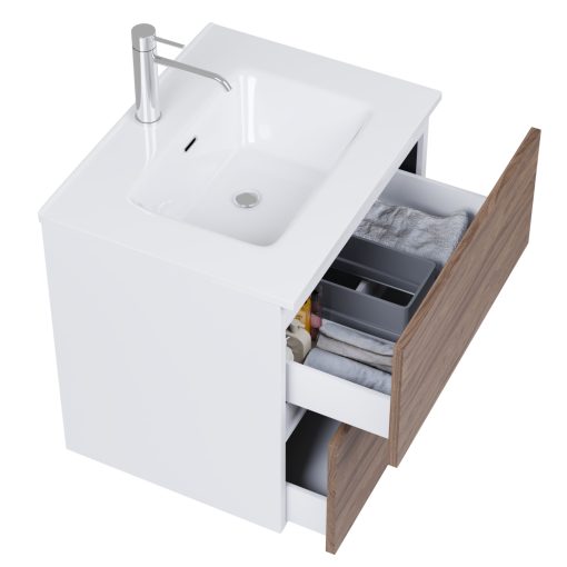 HD Aria Pro Silk Matt White-Oak 60 komplett fürdőszoba bútor fali push-to-open mosdószekrénnyel és tükörrel